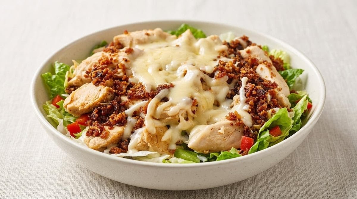 Grilled chicken salad with bacon and melted cheese