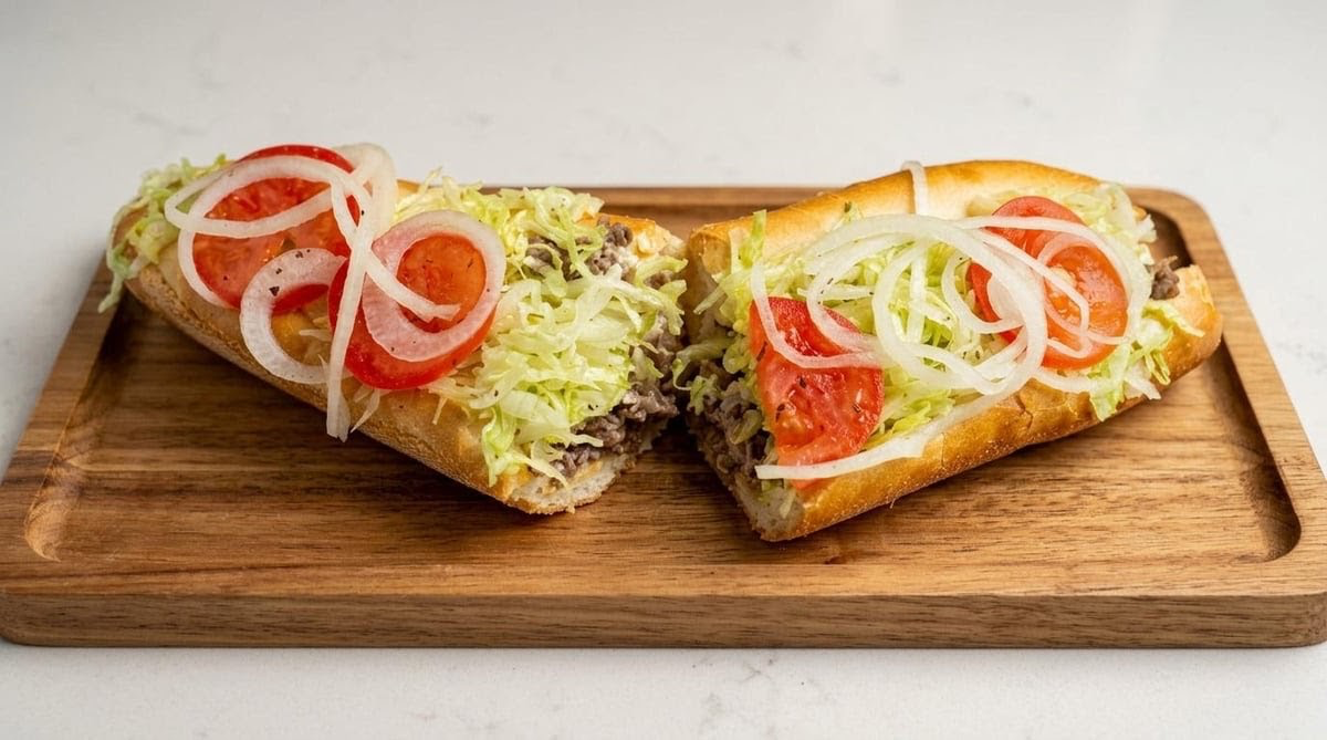 Hoagie with beef, lettuce, tomato, and onion
